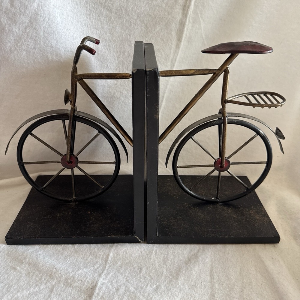 Retro Bicycle Bookends Distressed Black & Gold Metal Shelf Decor 12x8" Book Ends